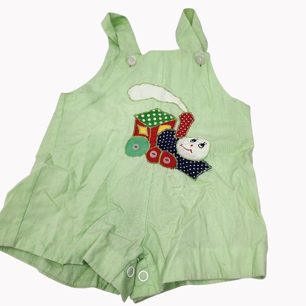Vintage Infant 3-6 M Green Overalls Train Applique Strap Snap Closure Romper